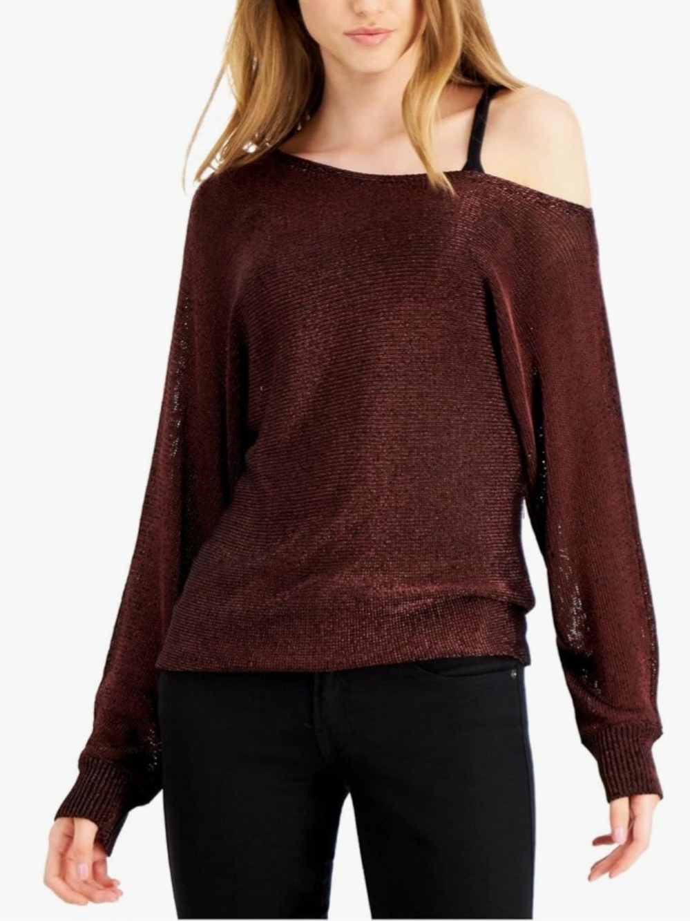 Off-Shoulder Metallic Sweater By Guess